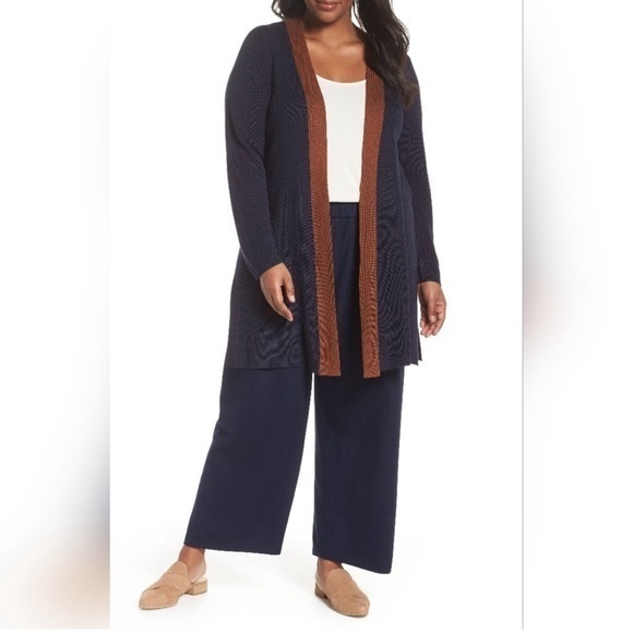 Eileen Fisher Contrast-Trim Side-Slit Open Front Long Cardigan XL - Picture 1 of 8